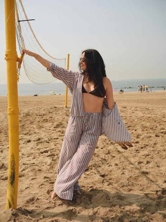 The Tommy Linen Slit Pant - Chocolate Stripe