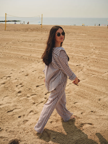 The Tommy Linen Slit Pant - Chocolate Stripe