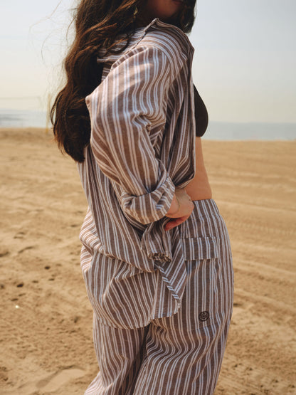 The Tommy Linen Slit Pant - Chocolate Stripe